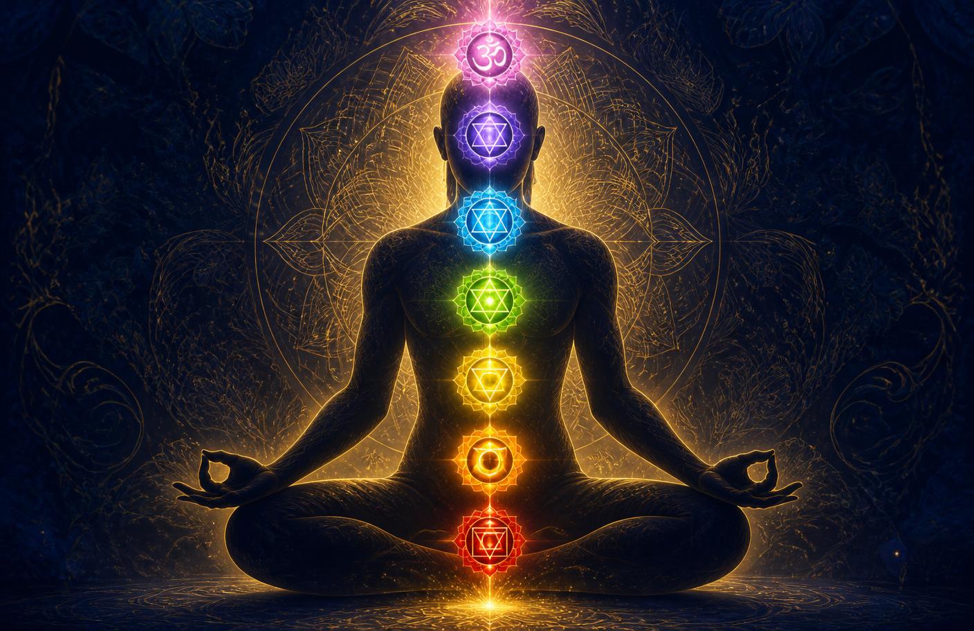 Seven chakras aligned along a meditating figure in golden light