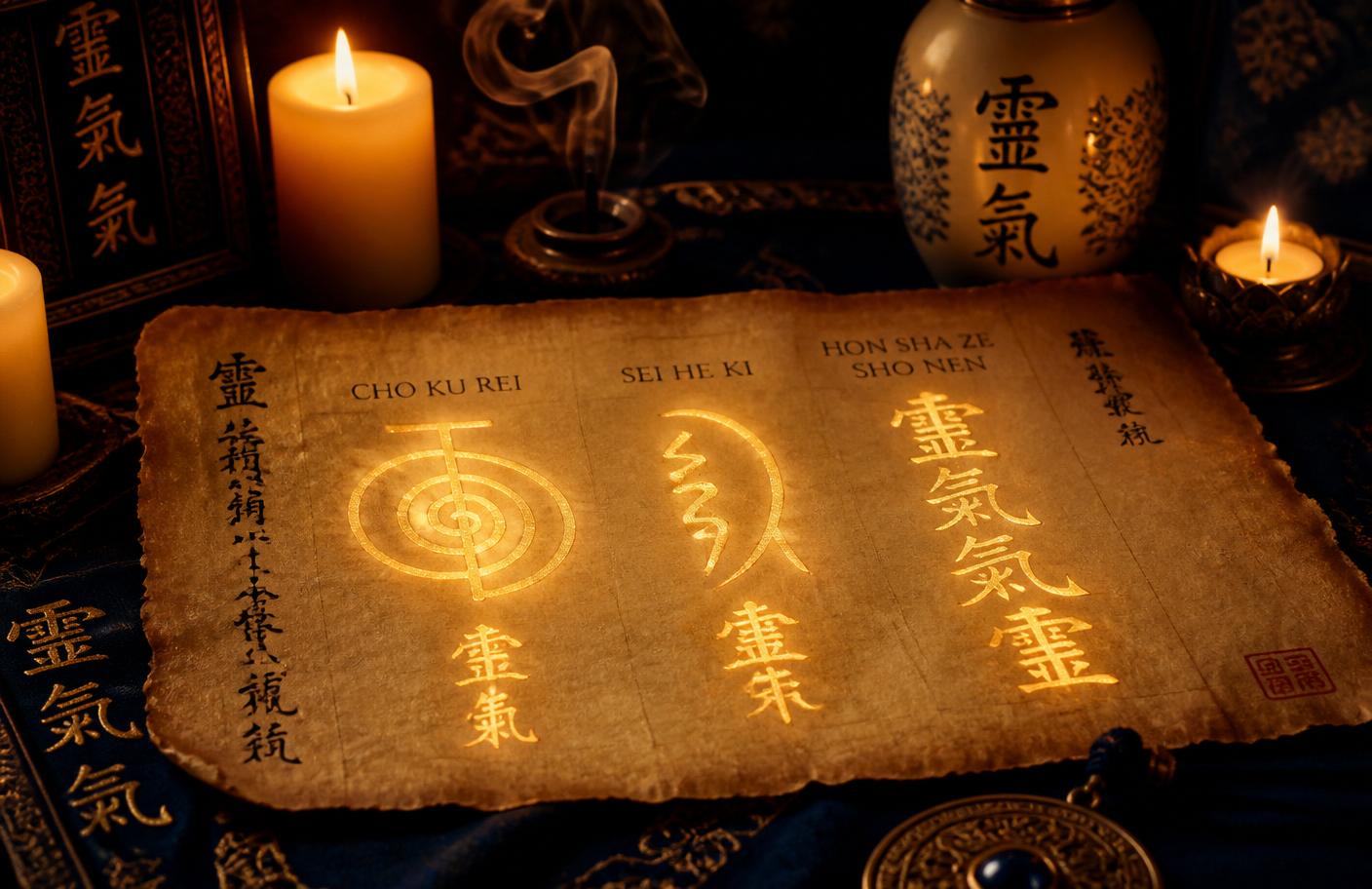 Sacred Reiki symbols glowing on an ancient parchment scroll